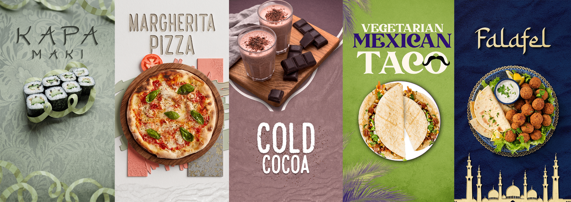 Kapa Maki · Margherita Pizza · Cold Cocoa · Vegetarian Mexican Taco · Falafel